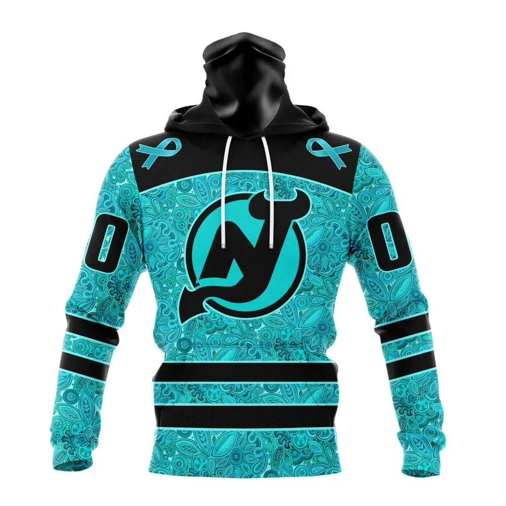 NHL New Jersey Devils Special Design Fight Ovarian Cancer St2201 Mask Hoodie