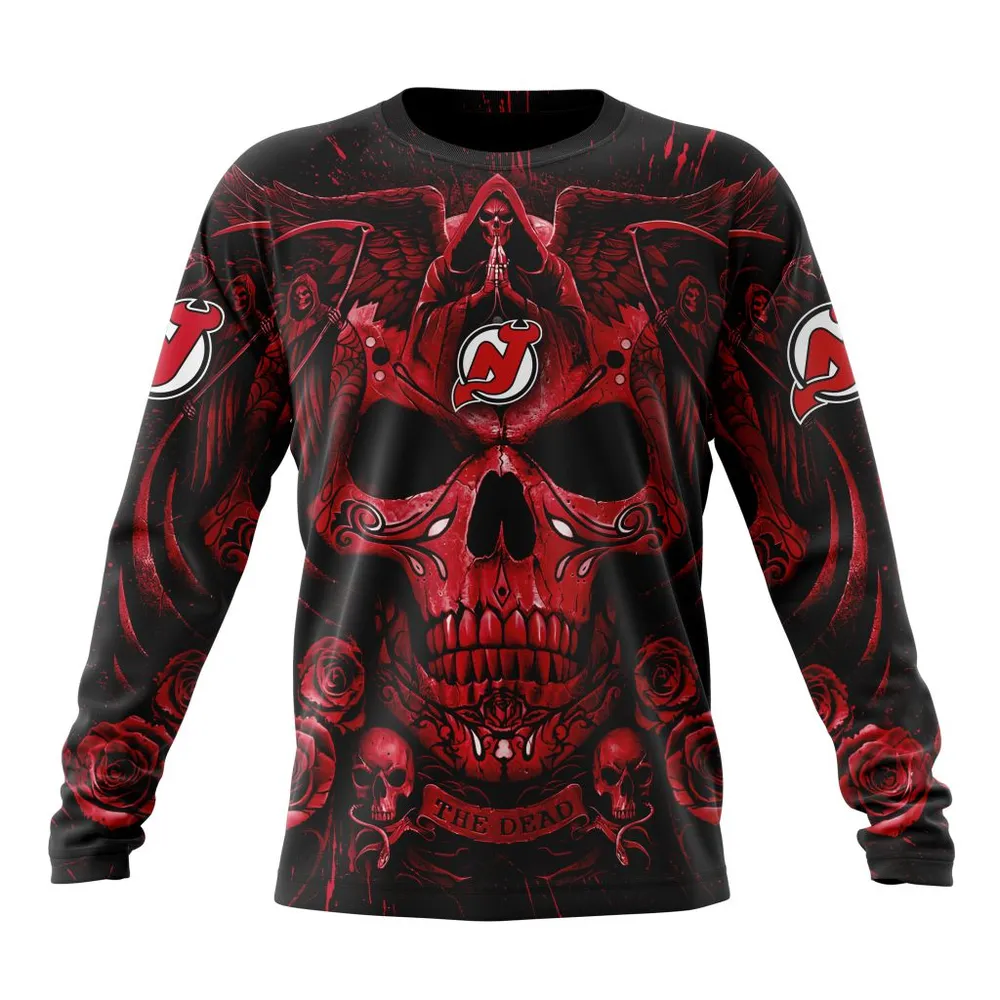 NHL New Jersey Devils Special Design With Skull Art St2203 Long Sleeved Sweatshirt 