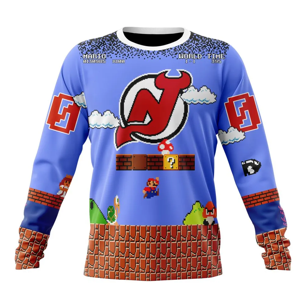 NHL New Jersey Devils Special Kits With Super Mario Game Design Long Sleeved Sweatshirt 