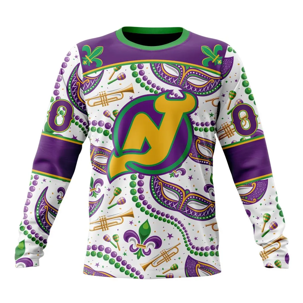 NHL New Jersey Devils Special Mardi Gras Design St2401 Long Sleeved Sweatshirt 