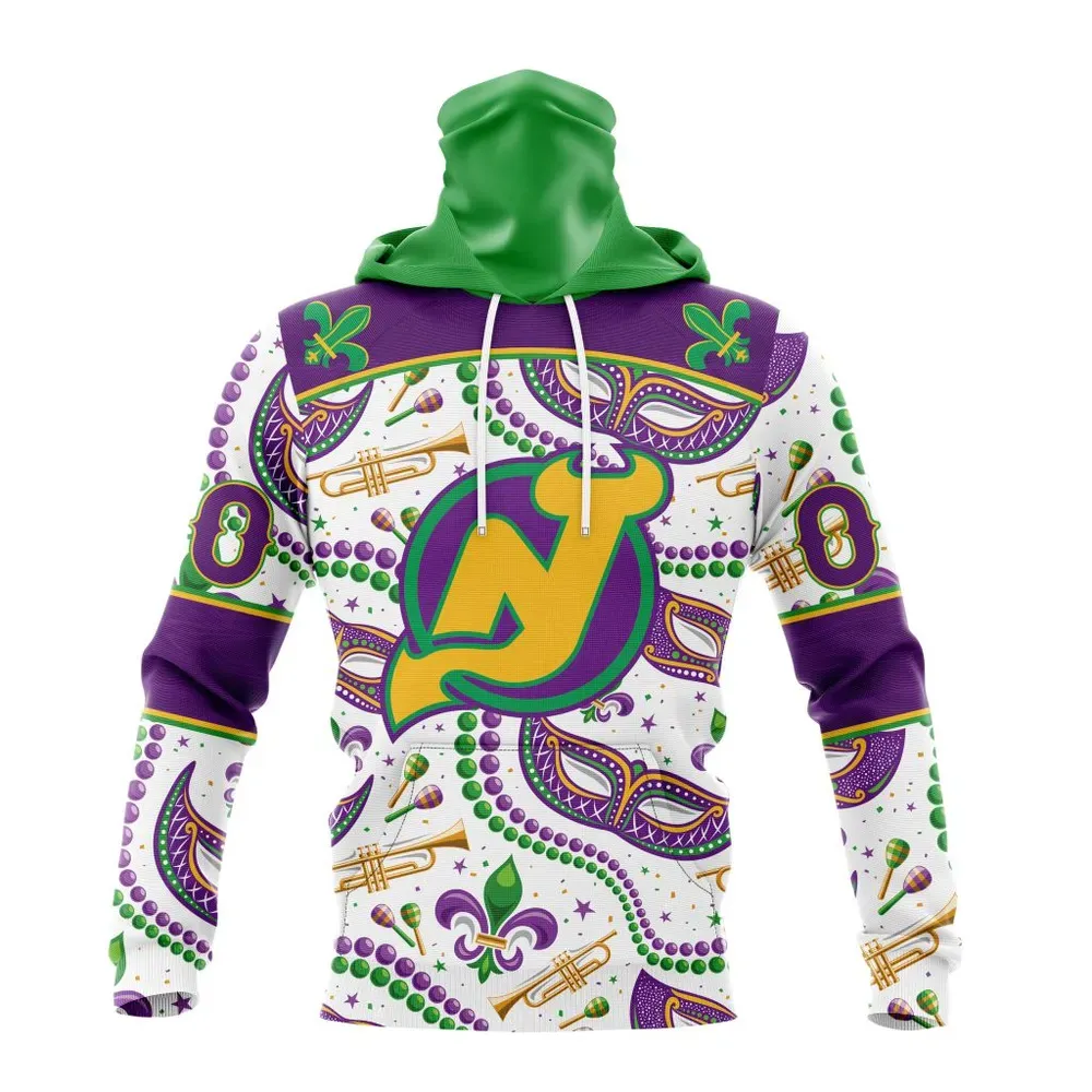 NHL New Jersey Devils Special Mardi Gras Design St2401 Mask Hoodie