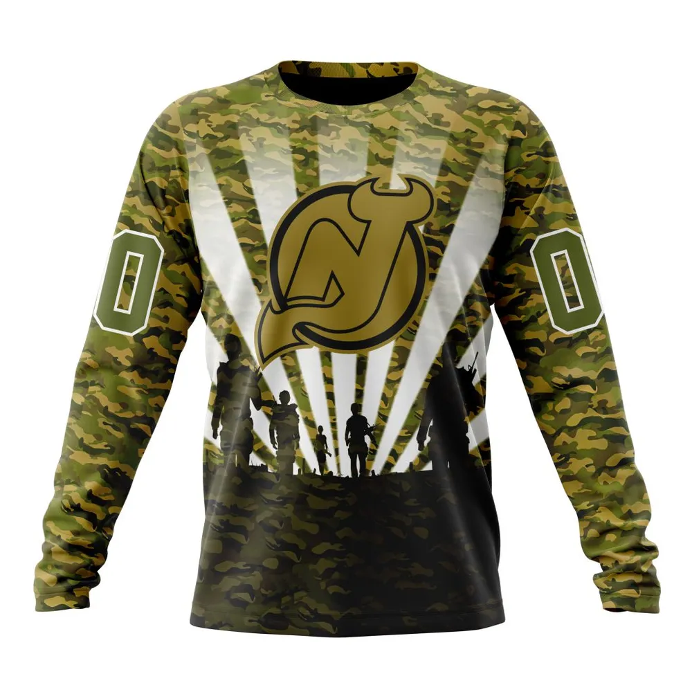 NHL New Jersey Devils Special Military Camo Kits For Veterans Day And Rememberance Day St2201 Long Sleeved Sweatshirt 