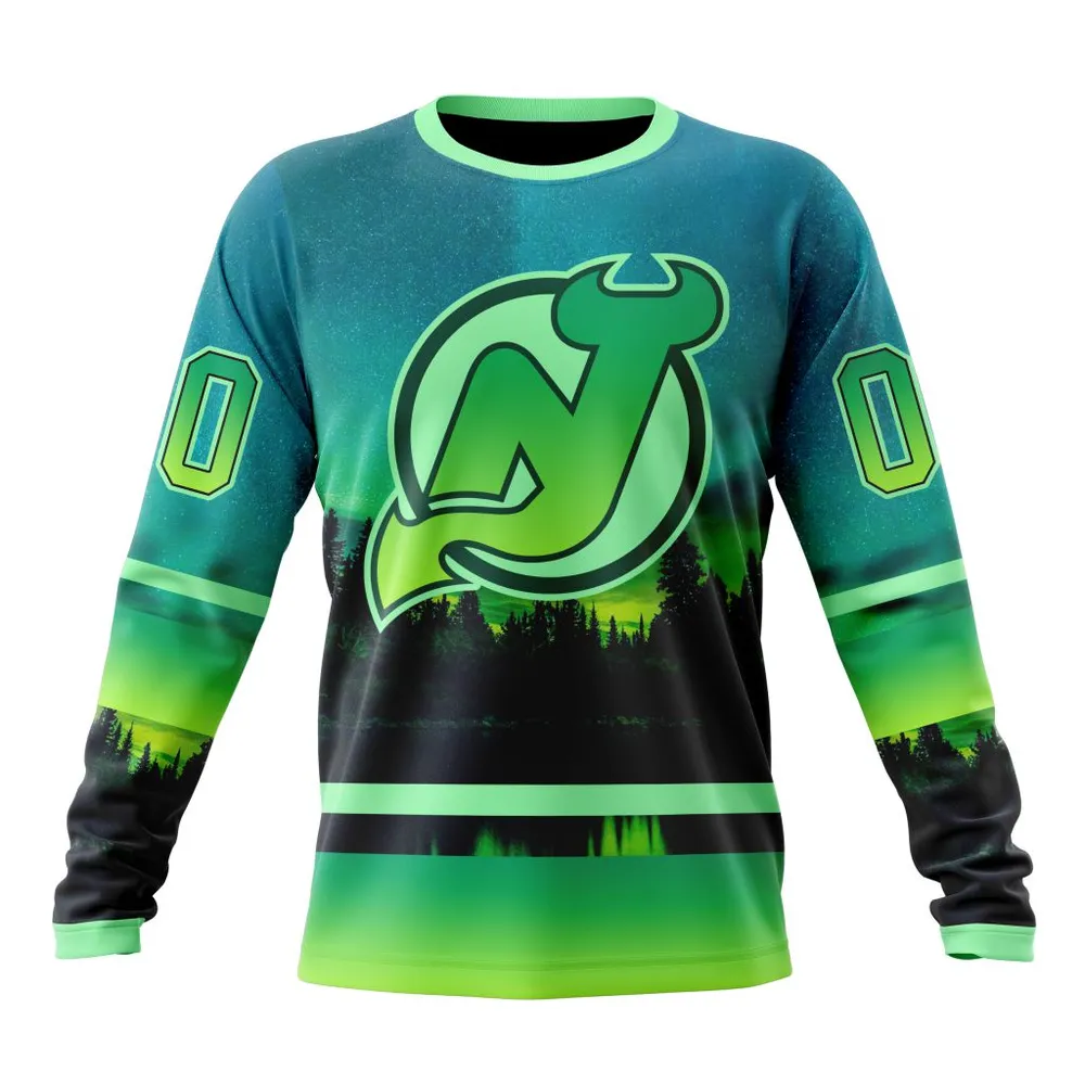 NHL New Jersey Devils Special Northern Lights Design St2302 Long Sleeved Sweatshirt 