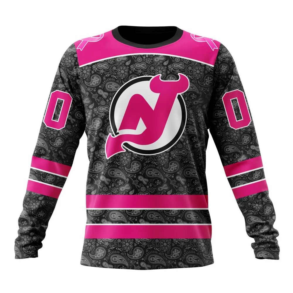 NHL New Jersey Devils Special Pink In The Rink Fight Breast Cancer St2301 Long Sleeved Sweatshirt 