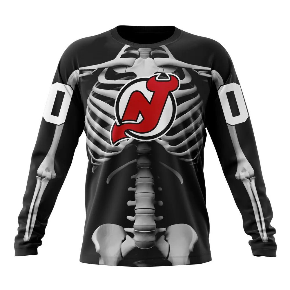 NHL New Jersey Devils Special Skeleton Costume For Halloween St2301 Long Sleeved Sweatshirt 