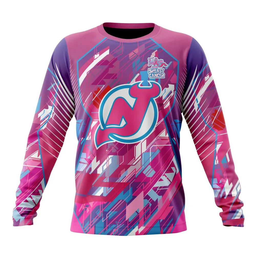 NHL New Jersey Devils | Specialized Design I Pink I Can! Fearless Again Breast Cancer Long Sleeved Sweatshirt 