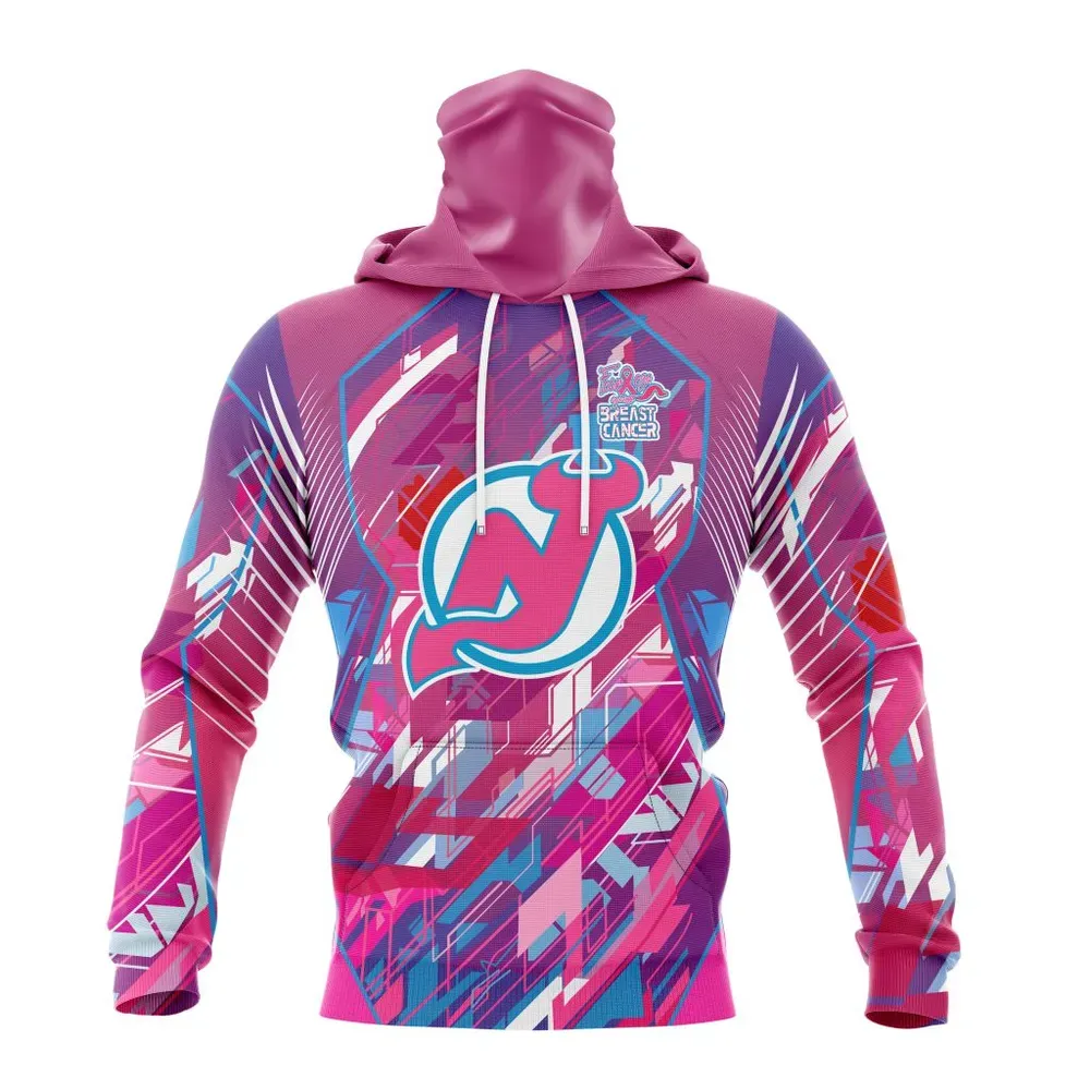 NHL New Jersey Devils | Specialized Design I Pink I Can! Fearless Again Breast Cancer Mask Hoodie