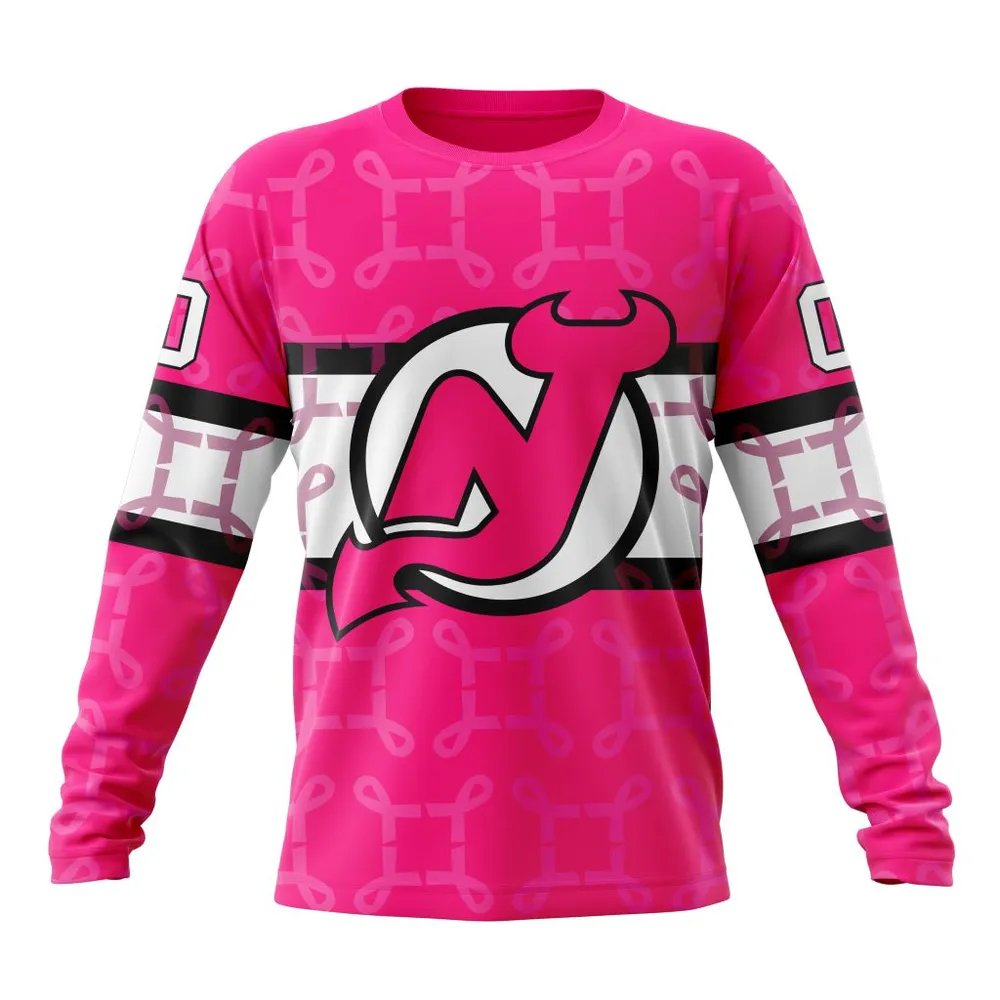 NHL New Jersey Devils | Specialized Design I Pink I Can! In October We Wear Pink Breast Cancer Long Sleeved Sweatshirt 