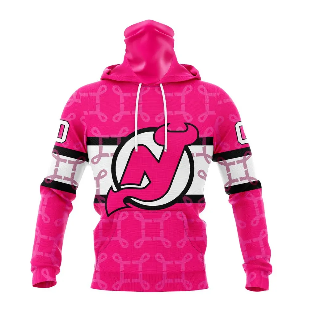 NHL New Jersey Devils | Specialized Design I Pink I Can! In October We Wear Pink Breast Cancer Mask Hoodie