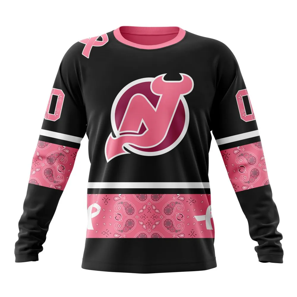 NHL New Jersey Devils | Specialized Design In Classic Style With Paisley! In October We Wear Pink Breast Cancer Long Sleeved Sweatshirt 