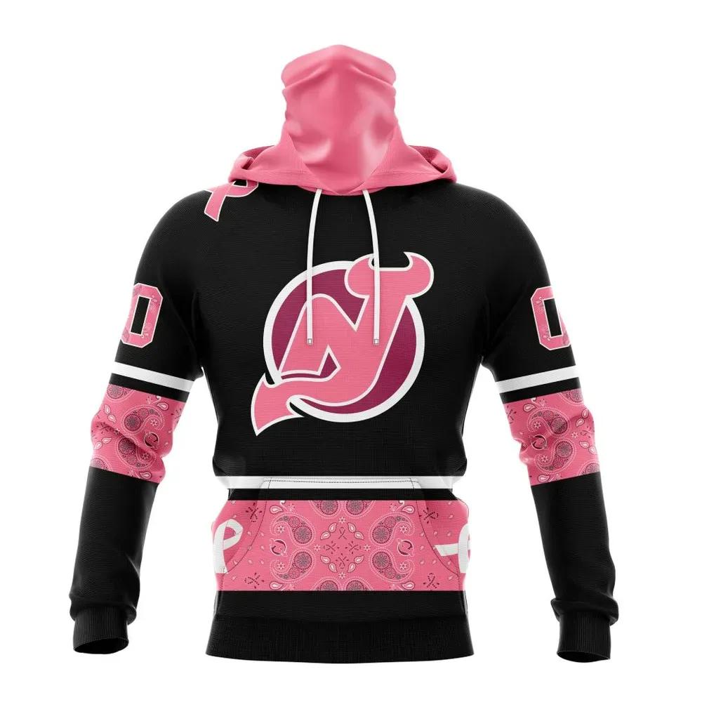 NHL New Jersey Devils | Specialized Design In Classic Style With Paisley! In October We Wear Pink Breast Cancer Mask Hoodie