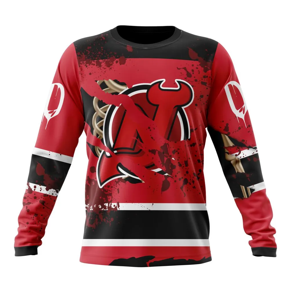 NHL New Jersey Devils | Specialized Design Jersey With Your Ribs For Halloween Long Sleeved Sweatshirt 