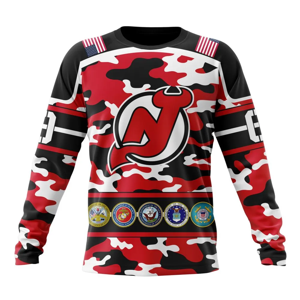 NHL New Jersey Devils | Specialized Design Wih Camo Team Color And Military Force Logo Long Sleeved Sweatshirt 