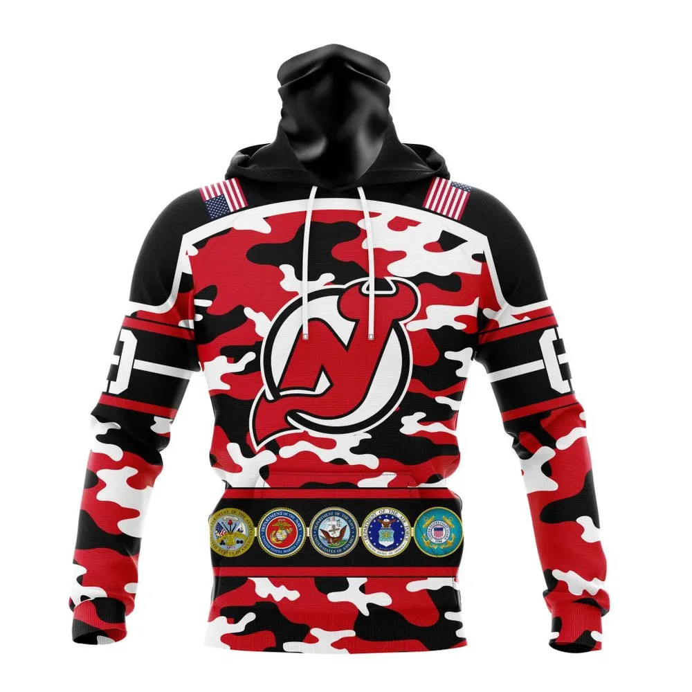 NHL New Jersey Devils | Specialized Design Wih Camo Team Color And Military Force Logo Mask Hoodie