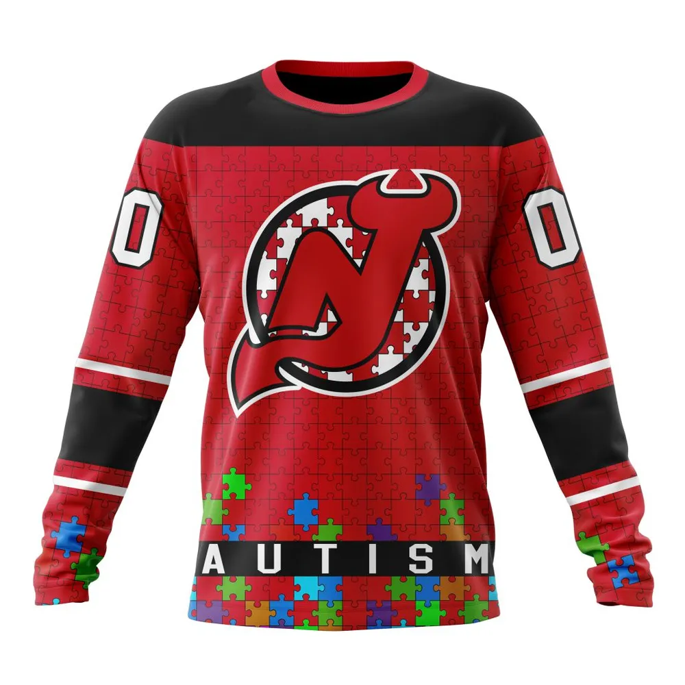 NHL New Jersey Devils | Specialized Unisex Kits Hockey Fights Against Autism Long Sleeved Sweatshirt 