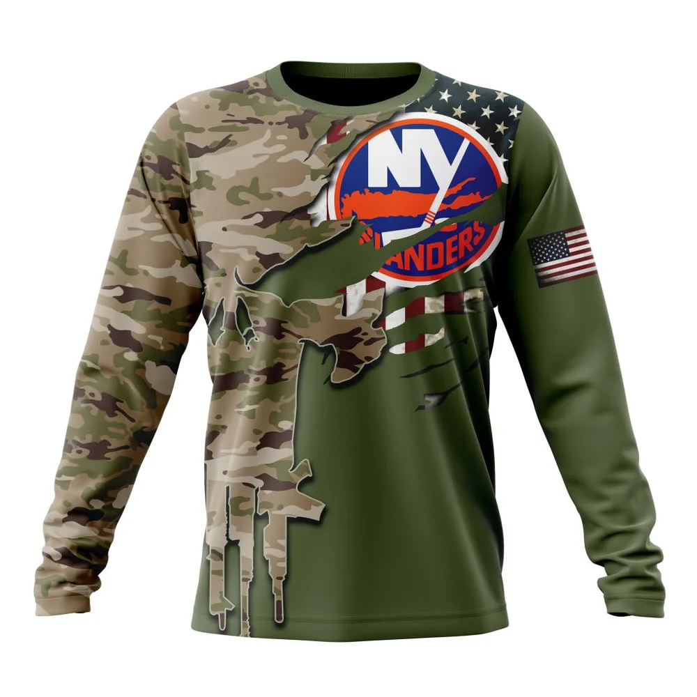 NHL New York Islanders Special Camo Skull Design St2303 Long Sleeved Sweatshirt 