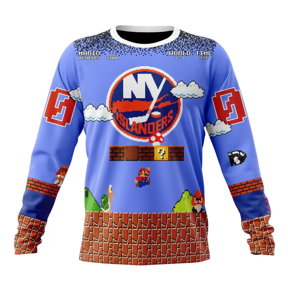 NHL New York Islanders Special Kits With Super Mario Game Design Long Sleeved Sweatshirt 