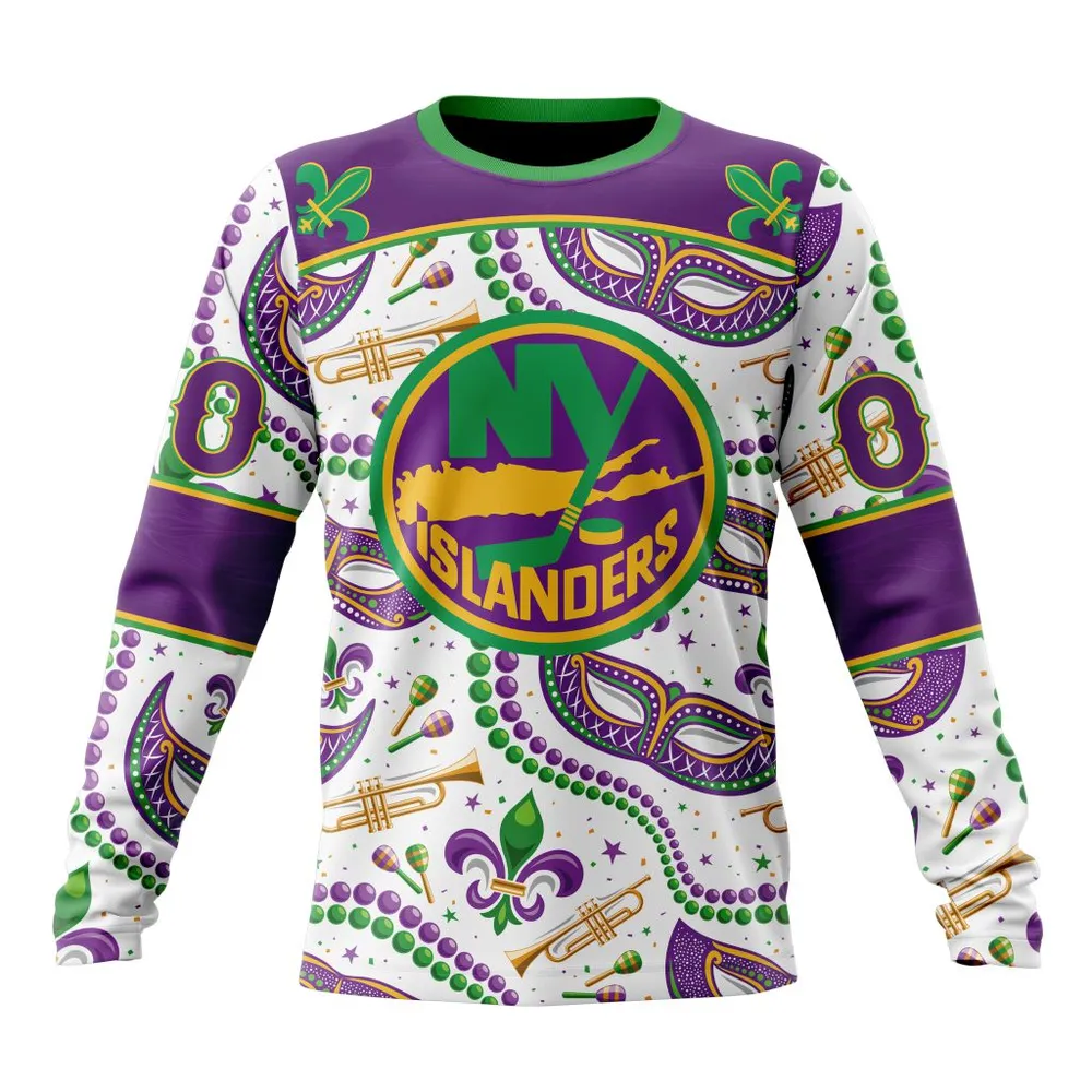 NHL New York Islanders Special Mardi Gras Design St2401 Long Sleeved Sweatshirt 