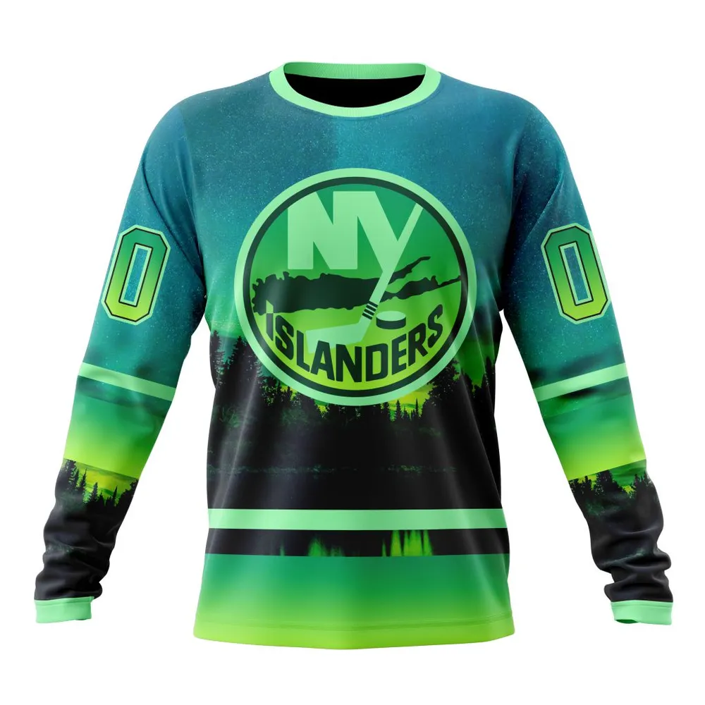 NHL New York Islanders Special Northern Lights Design St2302 Long Sleeved Sweatshirt 