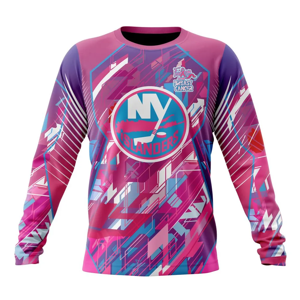 NHL New York Islanders | Specialized Design I Pink I Can! Fearless Again Breast Cancer Long Sleeved Sweatshirt 