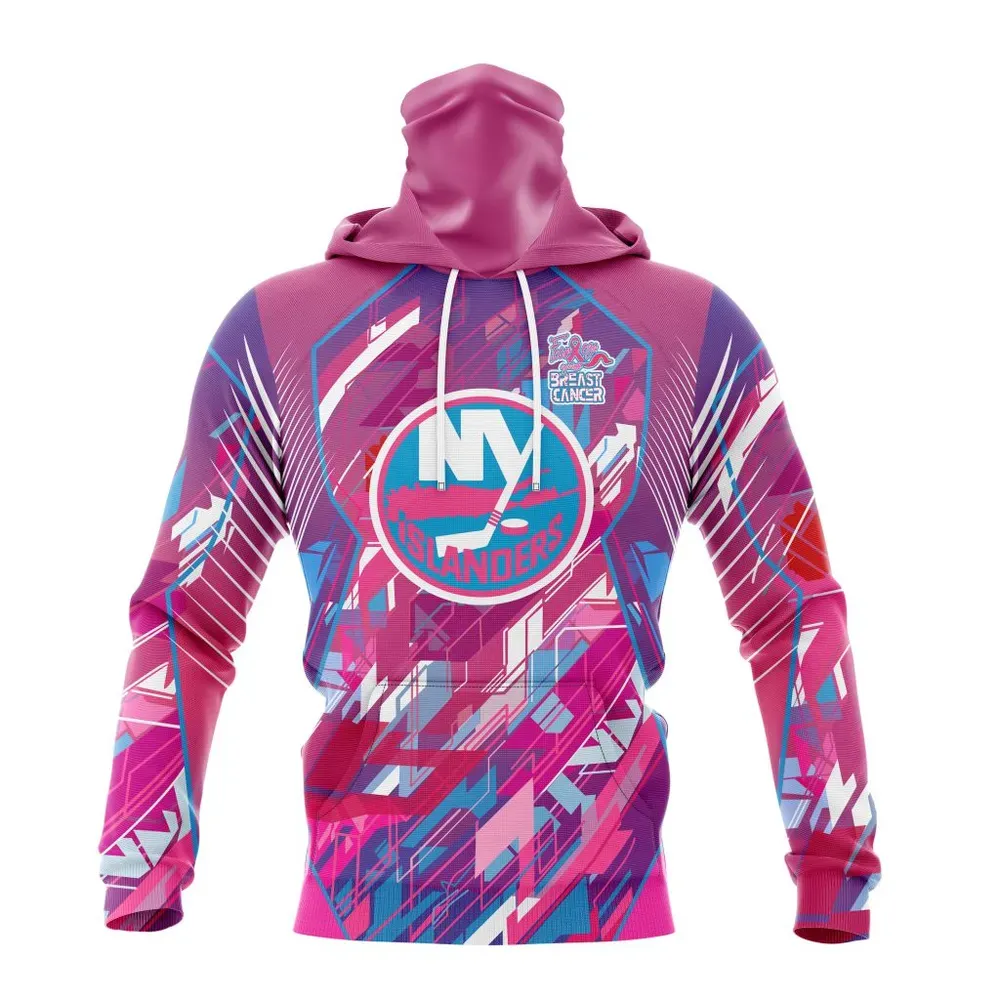 NHL New York Islanders | Specialized Design I Pink I Can! Fearless Again Breast Cancer Mask Hoodie