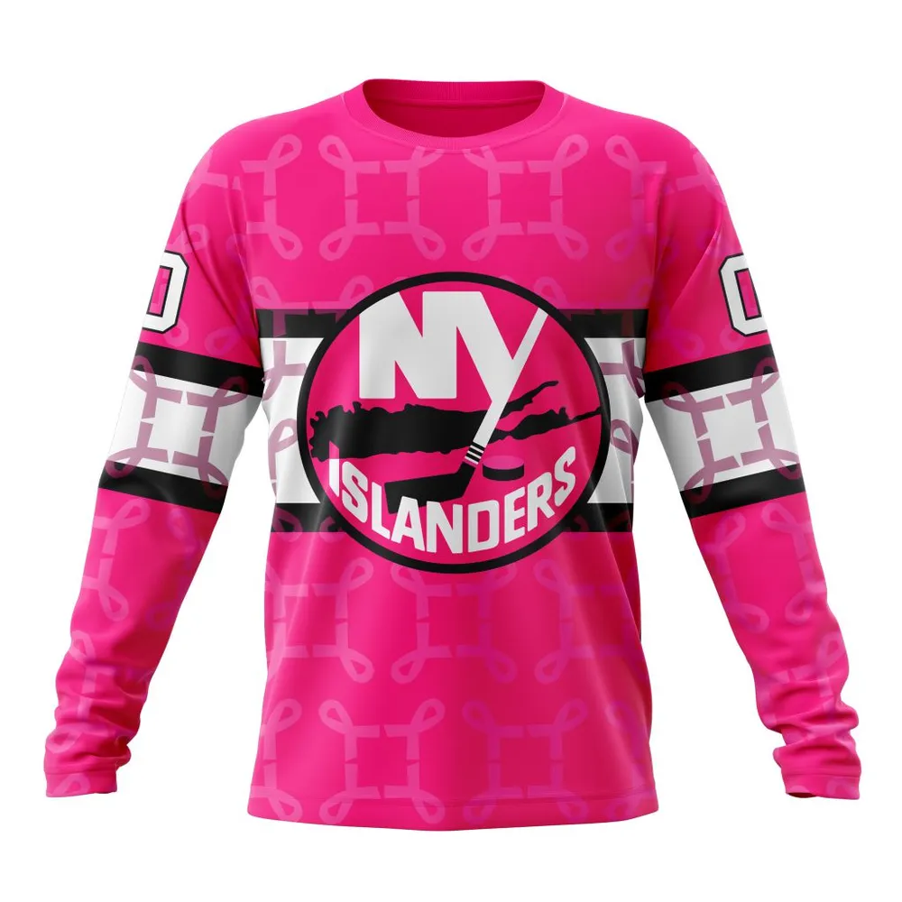 NHL New York Islanders | Specialized Design I Pink I Can! In October We Wear Pink Breast Cancer Long Sleeved Sweatshirt 