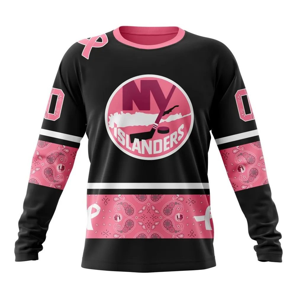 NHL New York Islanders | Specialized Design In Classic Style With Paisley! In October We Wear Pink Breast Cancer Long Sleeved Sweatshirt 