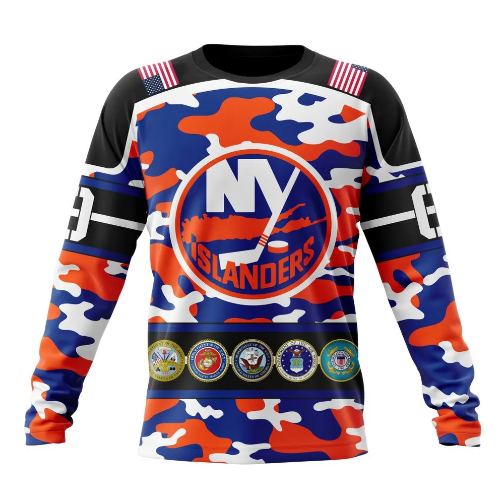 NHL New York Islanders | Specialized Design Wih Camo Team Color And Military Force Logo Long Sleeved Sweatshirt 