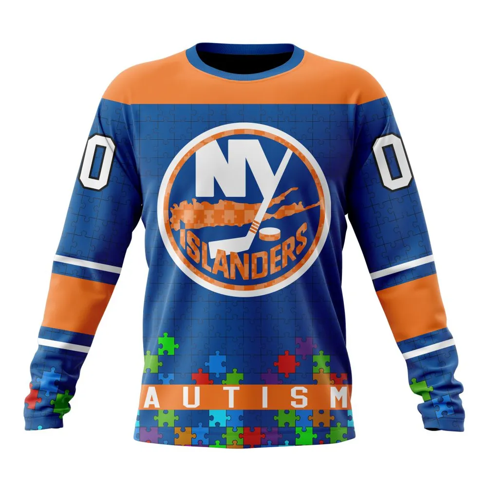 NHL New York Islanders | Specialized Unisex Kits Hockey Fights Against Autism Long Sleeved Sweatshirt 