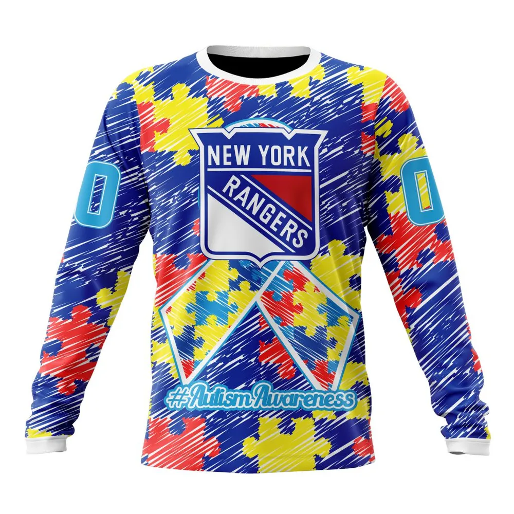 NHL New York Rangers Special Autism Awareness Design St2201 Long Sleeved Sweatshirt 