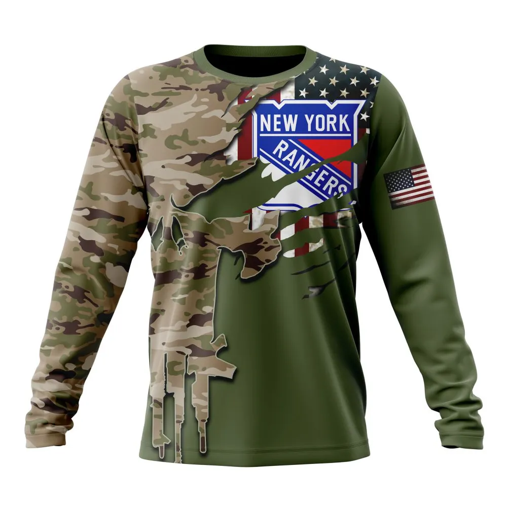 NHL New York Rangers Special Camo Skull Design St2303 Long Sleeved Sweatshirt 