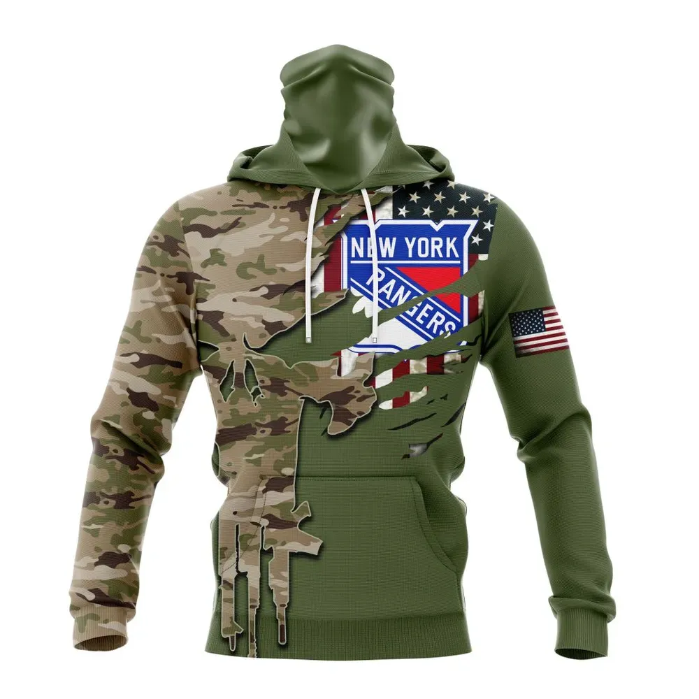 NHL New York Rangers Special Camo Skull Design St2303 Mask Hoodie