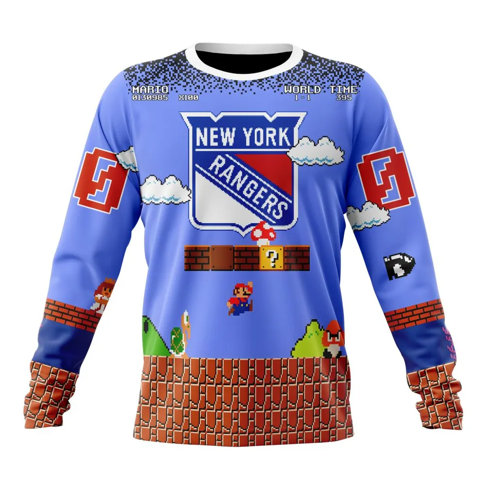 NHL New York Rangers Special Kits With Super Mario Game Design Long Sleeved Sweatshirt 