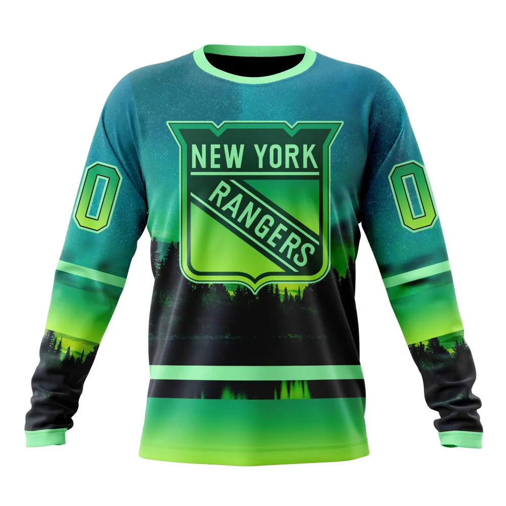 NHL New York Rangers Special Northern Lights Design St2302 Long Sleeved Sweatshirt 