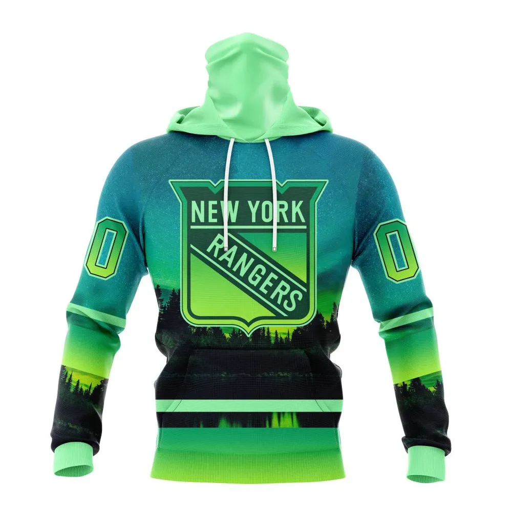 NHL New York Rangers Special Northern Lights Design St2302 Mask Hoodie