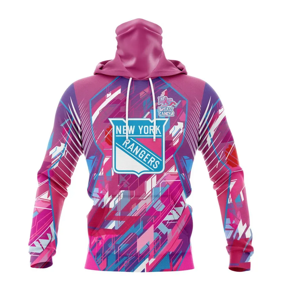 NHL New York Rangers | Specialized Design I Pink I Can! Fearless Again Breast Cancer Mask Hoodie