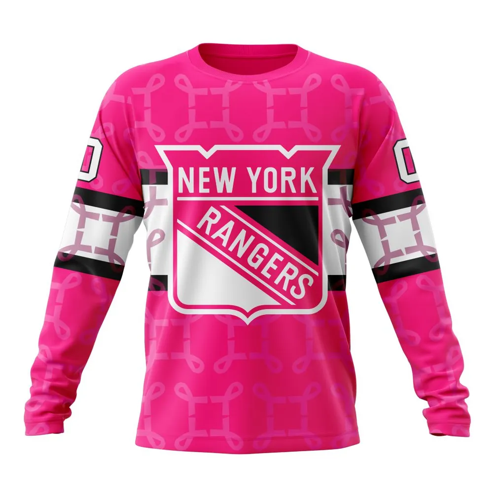 NHL New York Rangers | Specialized Design I Pink I Can! In October We Wear Pink Breast Cancer Long Sleeved Sweatshirt 