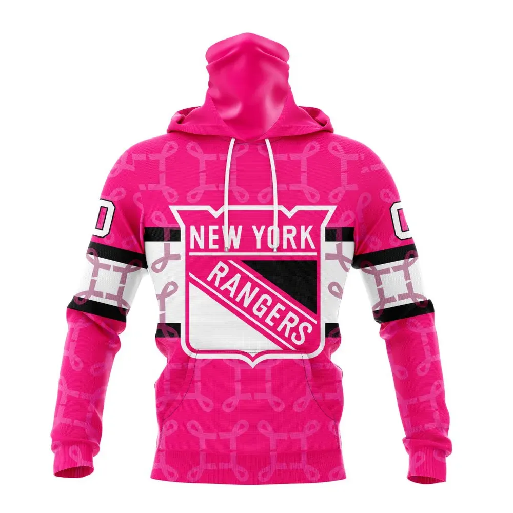 NHL New York Rangers | Specialized Design I Pink I Can! In October We Wear Pink Breast Cancer Mask Hoodie