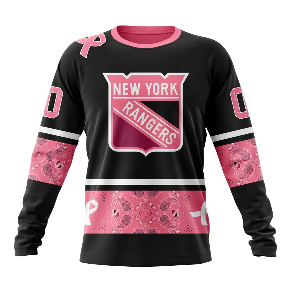 NHL New York Rangers | Specialized Design In Classic Style With Paisley! In October We Wear Pink Breast Cancer Long Sleeved Sweatshirt 