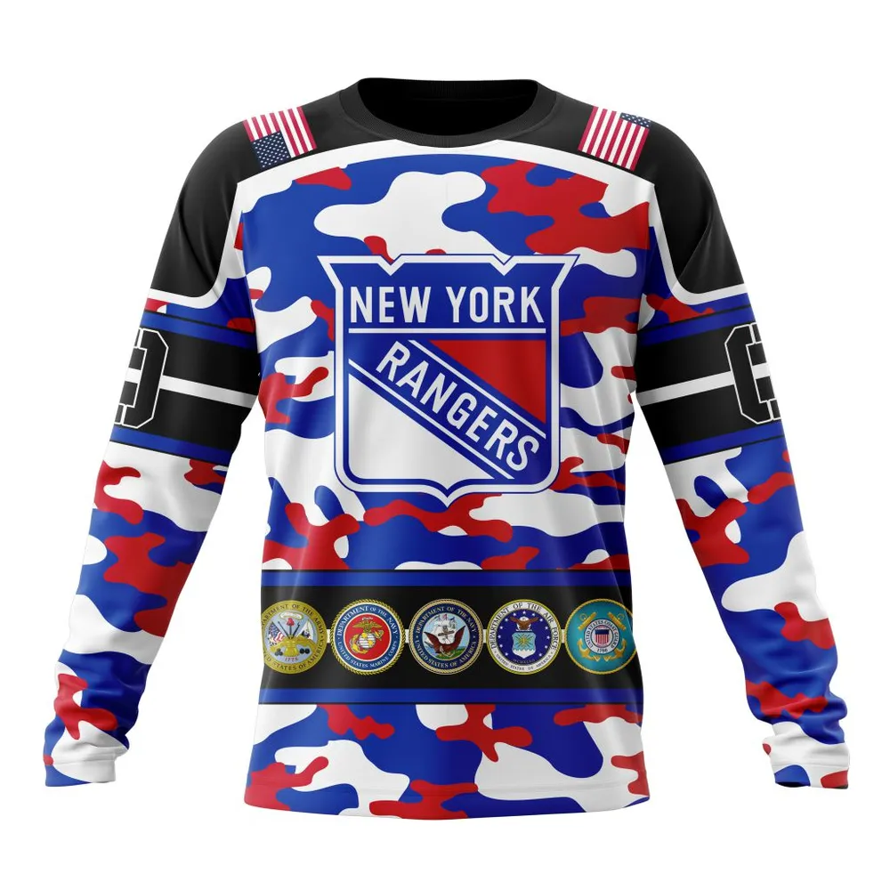 NHL New York Rangers | Specialized Design Wih Camo Team Color And Military Force Logo Long Sleeved Sweatshirt 