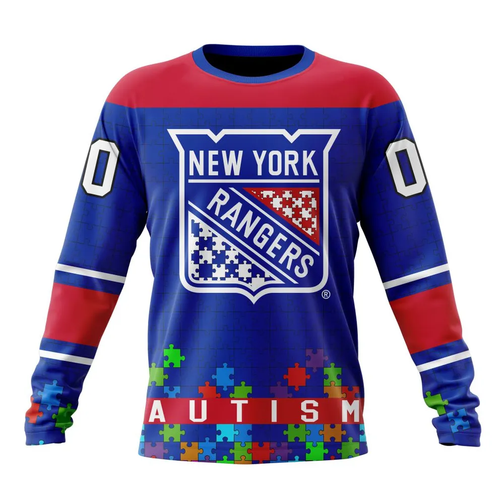 NHL New York Rangers | Specialized Unisex Kits Hockey Fights Against Autism Long Sleeved Sweatshirt 