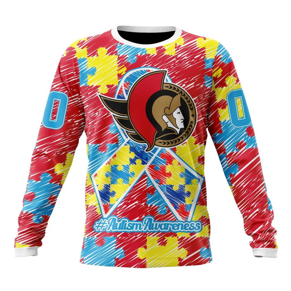 NHL Ottawa Senators Special Autism Awareness Design St2201 Long Sleeved Sweatshirt 