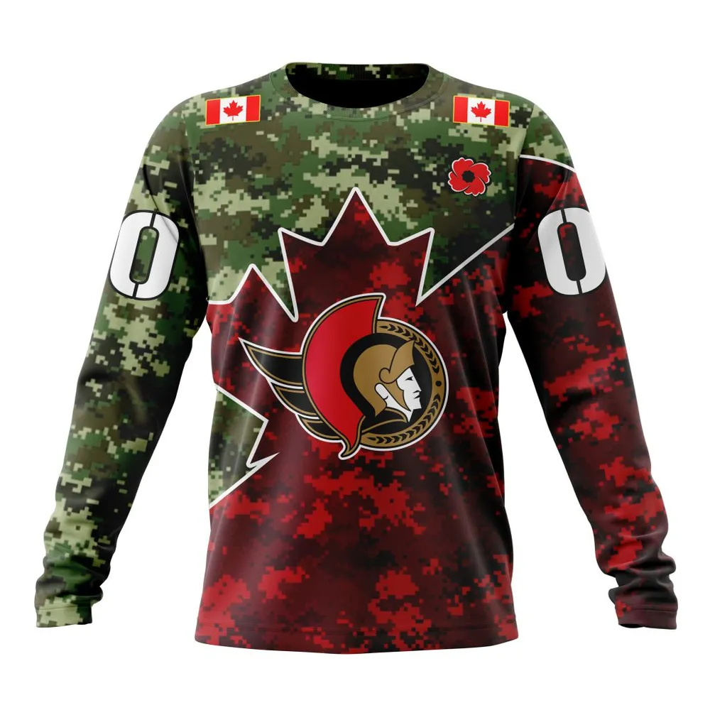 NHL Ottawa Senators Special Design For Remembrance Day St2201 Long Sleeved Sweatshirt 