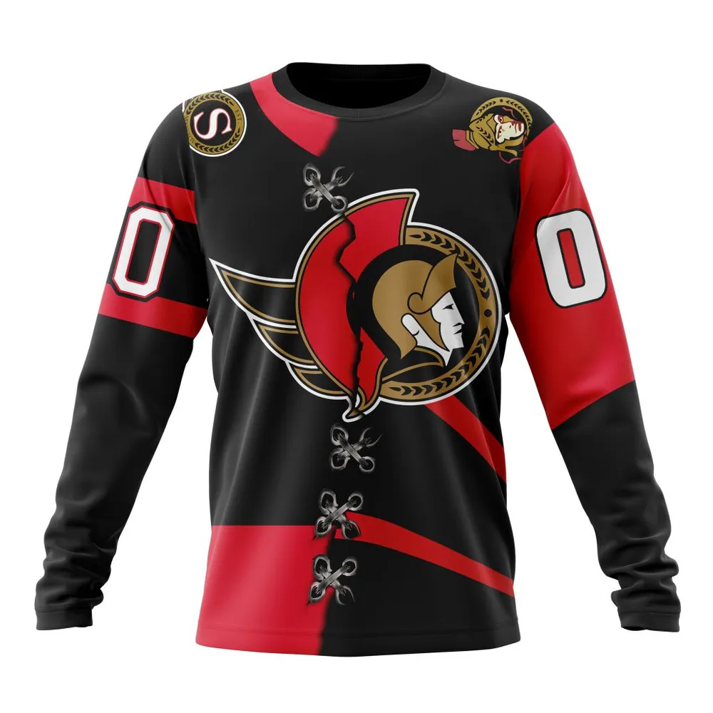 NHL Ottawa Senators Special Home Mix Reverse Retro Personalized Kits Long Sleeved Sweatshirt 