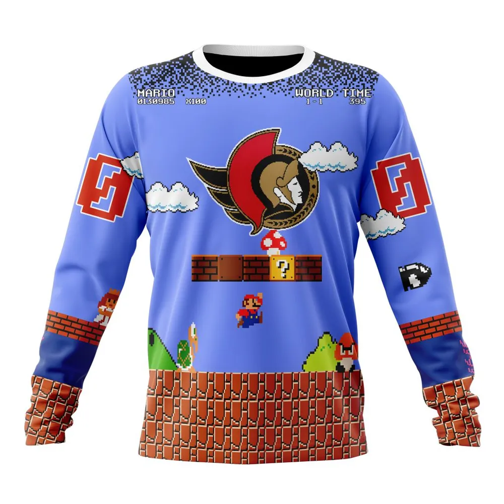 NHL Ottawa Senators Special Kits With Super Mario Game Design Long Sleeved Sweatshirt 