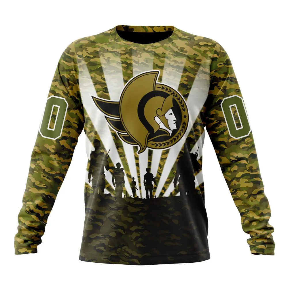 NHL Ottawa Senators Special Military Camo Kits For Veterans Day And Rememberance Day St2201 Long Sleeved Sweatshirt 