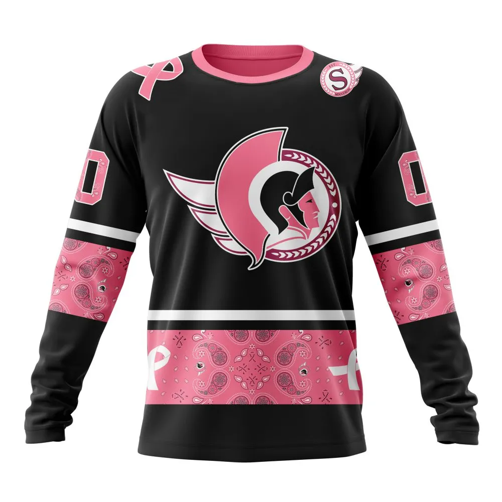 NHL Ottawa Senators | Specialized Design In Classic Style With Paisley! In October We Wear Pink Breast Cancer Long Sleeved Sweatshirt 