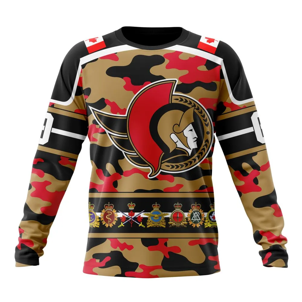 NHL Ottawa Senators | Specialized Design Wih Camo Team Color And Military Force Logo Long Sleeved Sweatshirt 