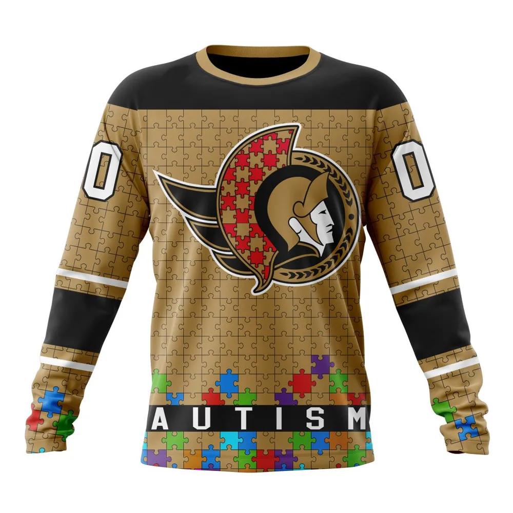 NHL Ottawa Senators | Specialized Unisex Kits Hockey Fights Against Autism Long Sleeved Sweatshirt 