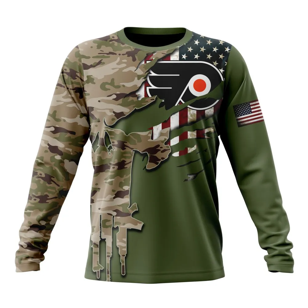 NHL Philadelphia Flyers Special Camo Skull Design St2303 Long Sleeved Sweatshirt 